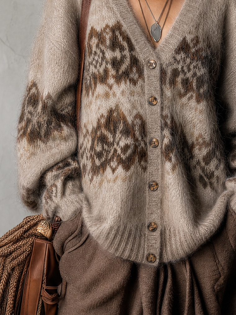 Taupe Fair Isle Fuzzy Knit V-Neck Cardigan