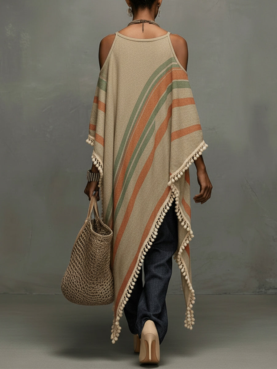 Khaki Linen Blend Printed Off Shoulder Dress With Fringe Hem