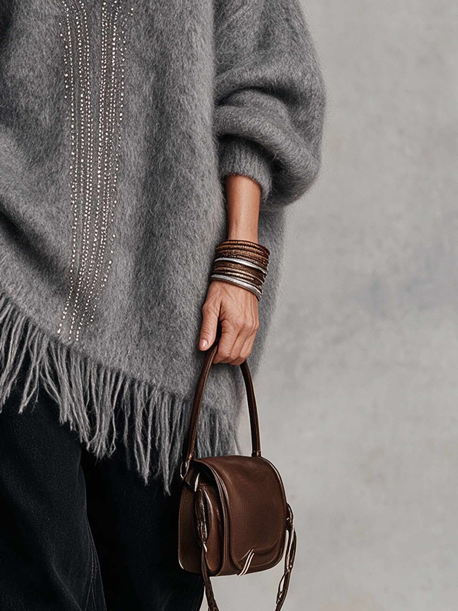 Gray Mohair Loose Fringed V-Neck Sweater