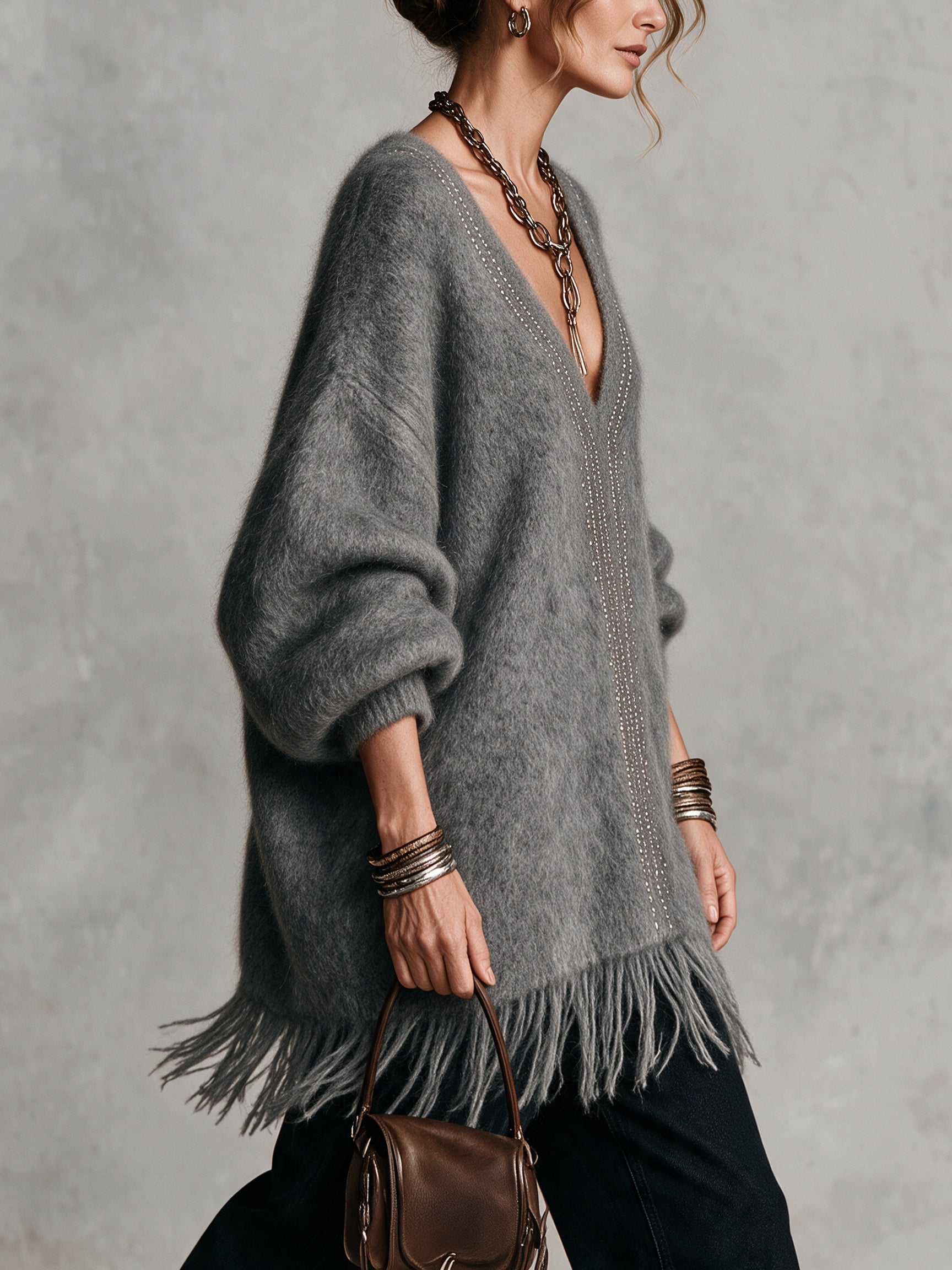 Gray Mohair Loose Fringed V-Neck Sweater