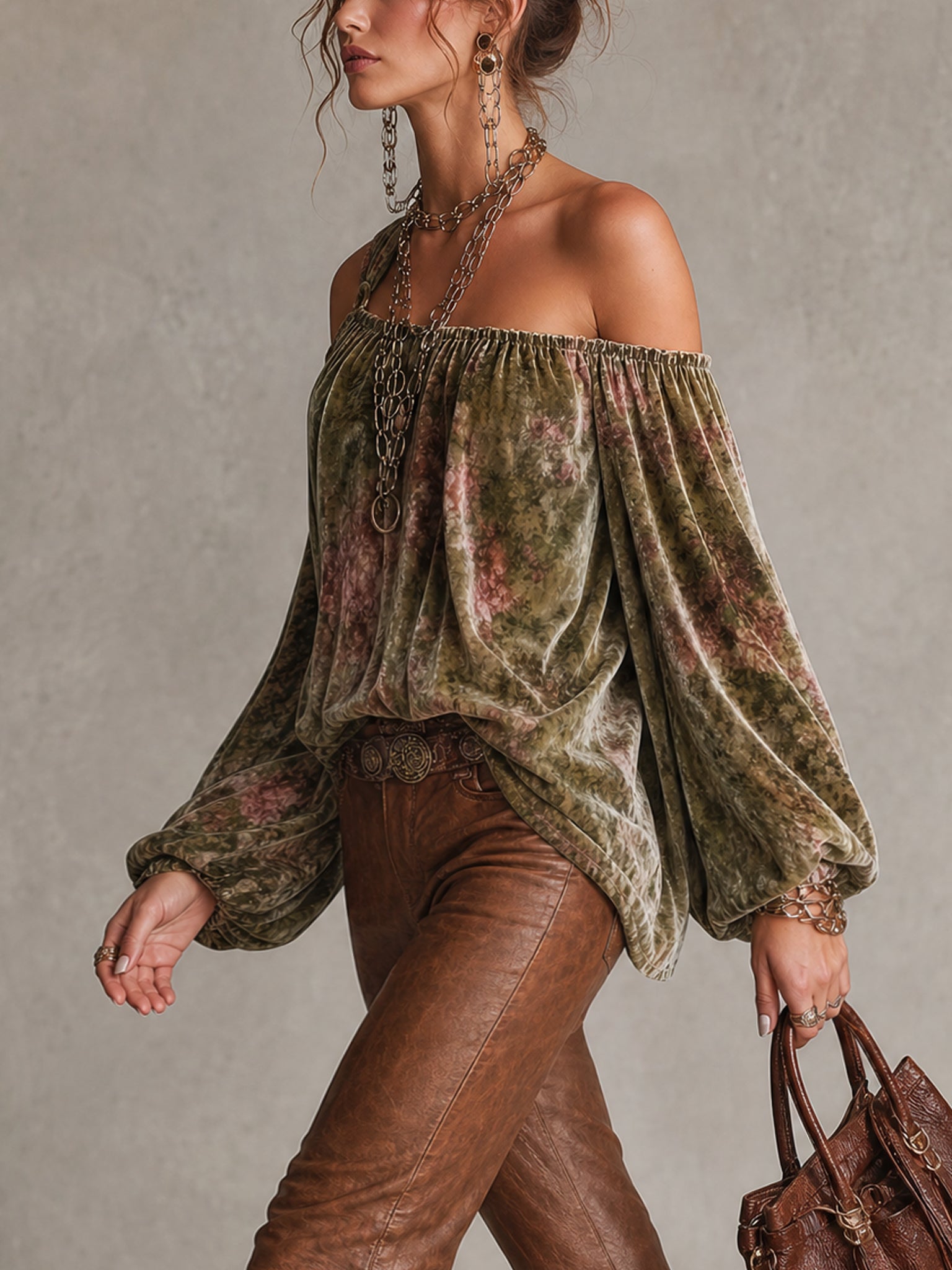 Green Velvet Floral Print Off Shoulder Loose Top