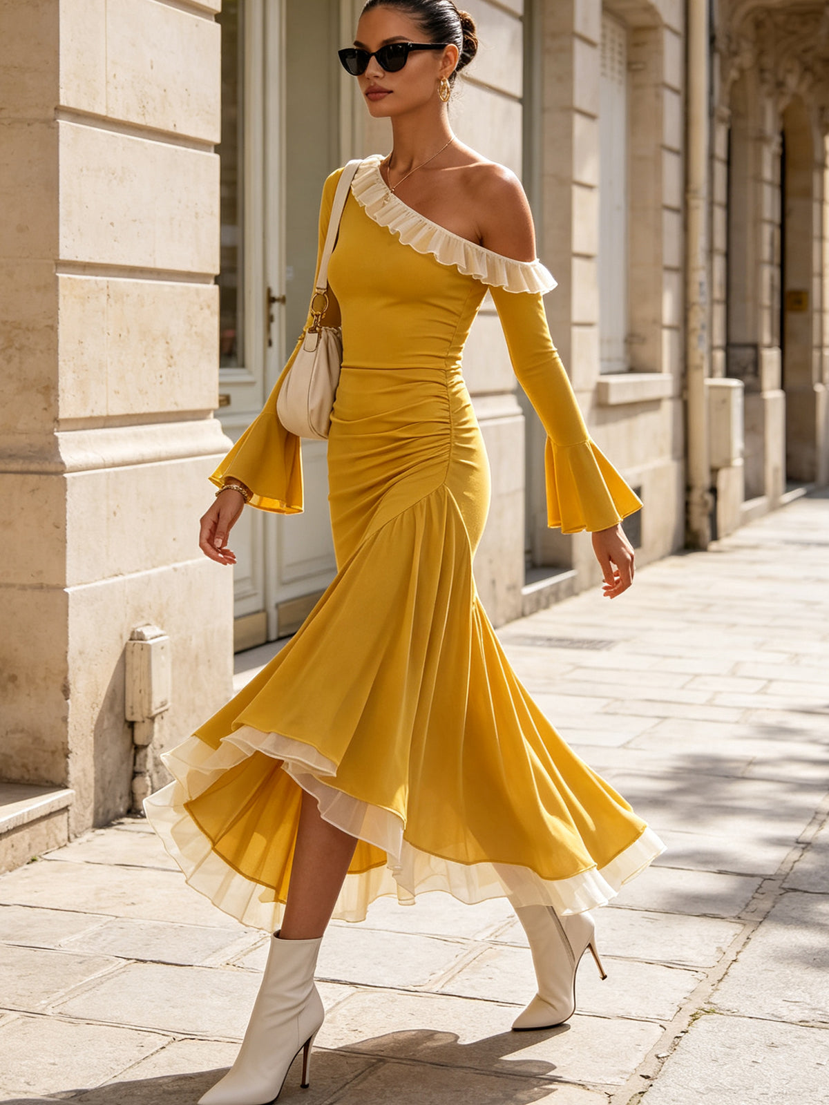 One-Shoulder Yellow Ruffle Hem Midi Dress