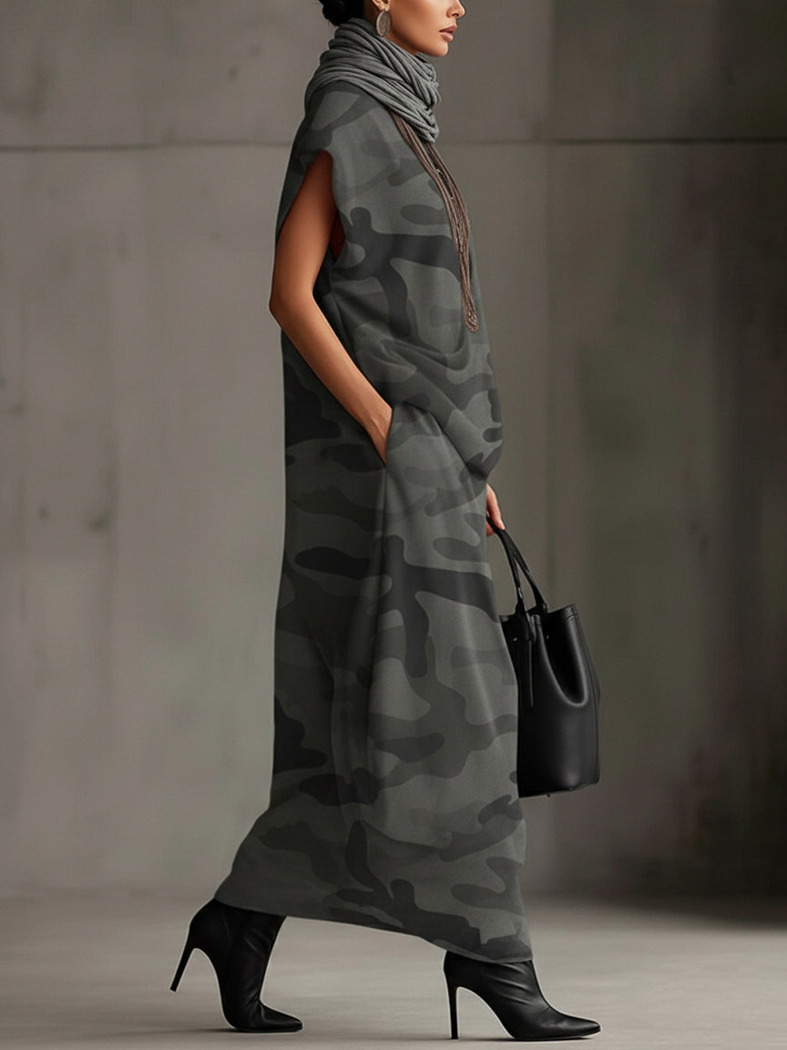 Gray Camo Sleeveless Turtleneck Maxi Dress