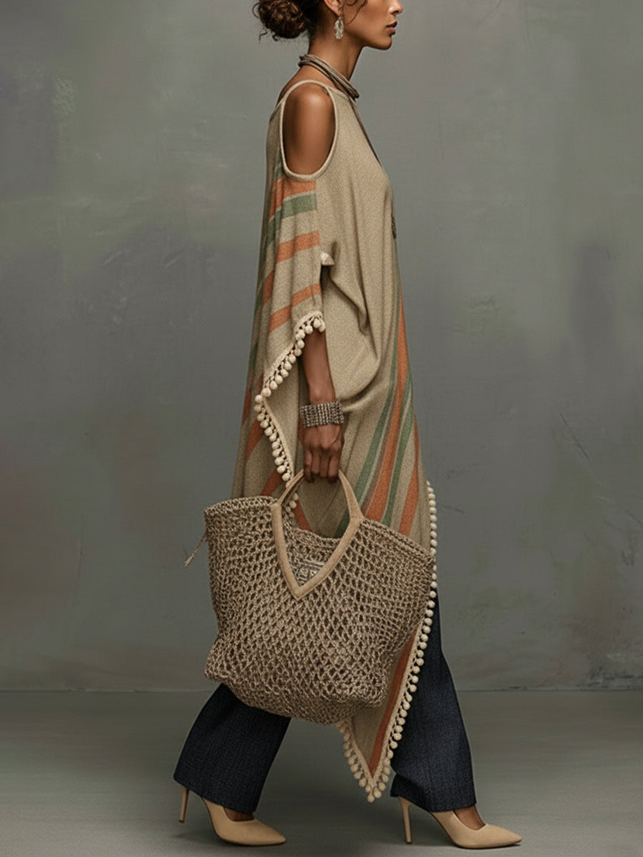 Khaki Linen Blend Printed Off Shoulder Dress With Fringe Hem