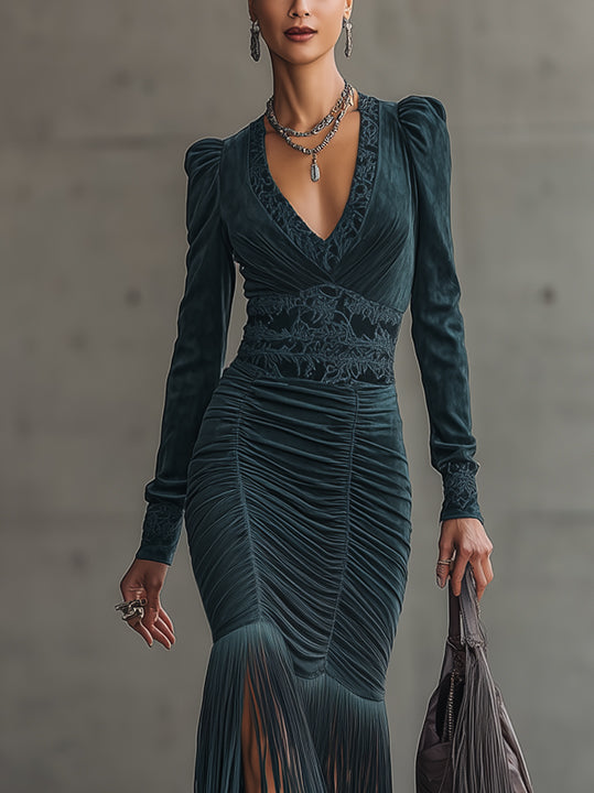 Deep Blue Faux Suede Maxi Dress With Fringe Hem And Embroidery