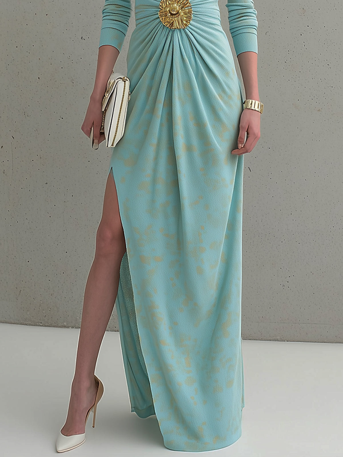 Aqua Blue Knitted Deep V-Neck Slit Maxi Dress With Gold Badge