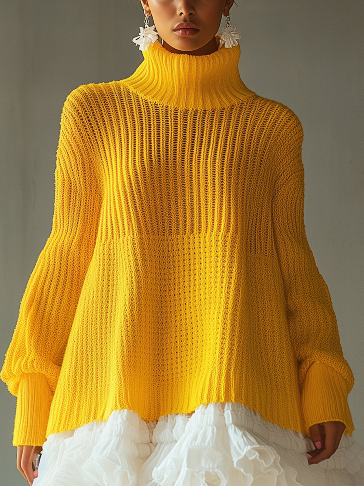 Turtleneck Yellow Knitted Sweater Dress With Ruffled Hem