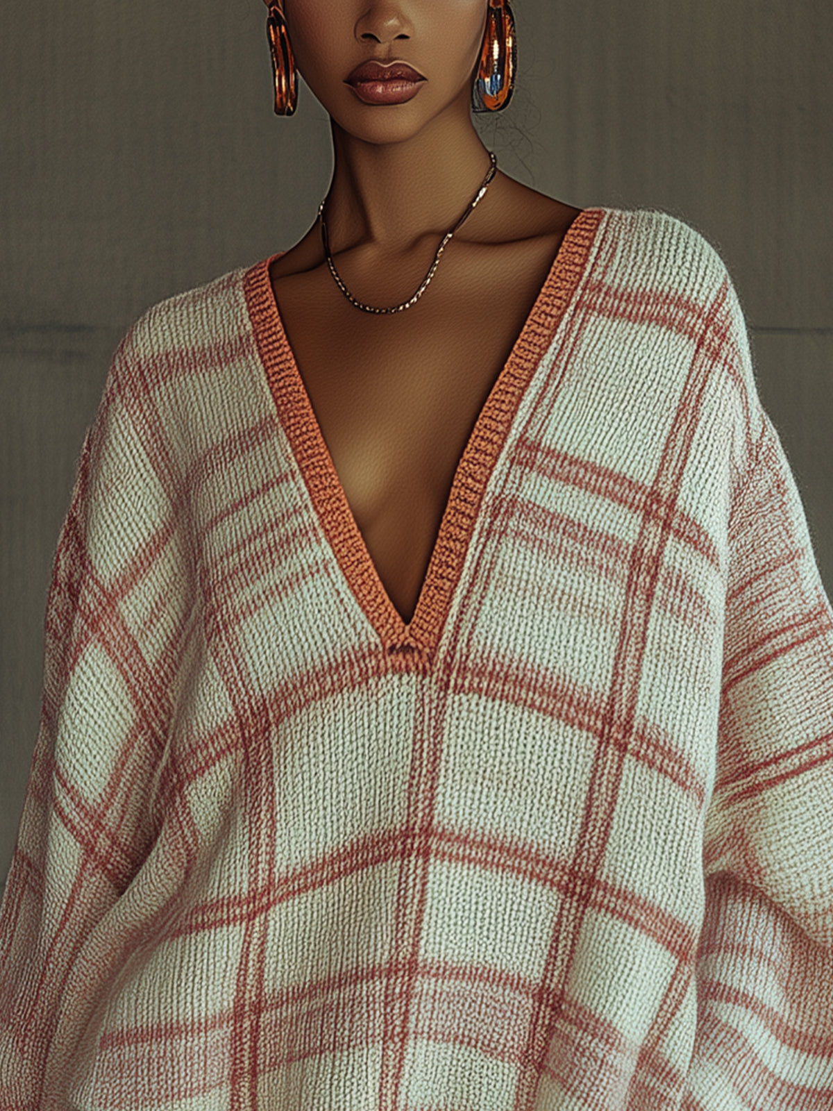 Oversized Plaid Knit Sweater With V-Neckline And Ribbed Trim