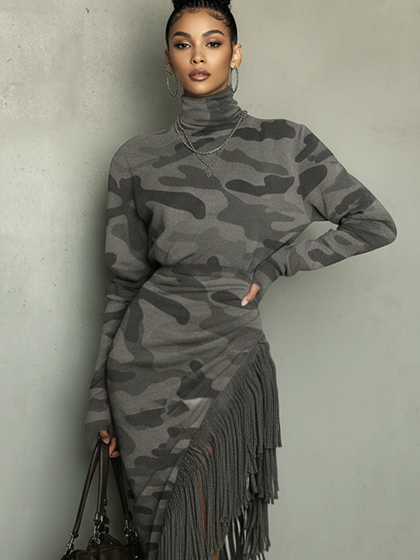 Gray Camouflage Suede Fringe Long Sleeve Midi Dress