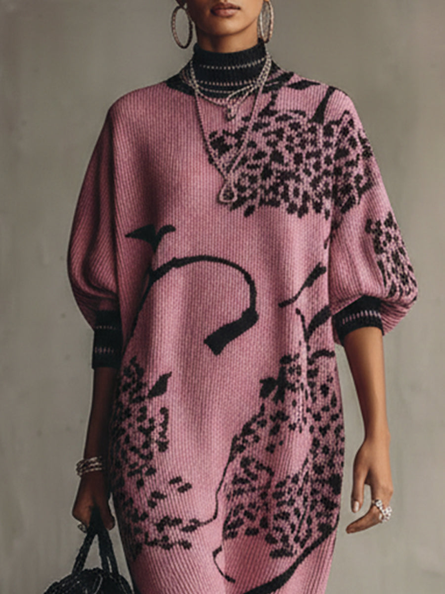 Black And Pink Knit Loose Short Sleeve Midi Dress