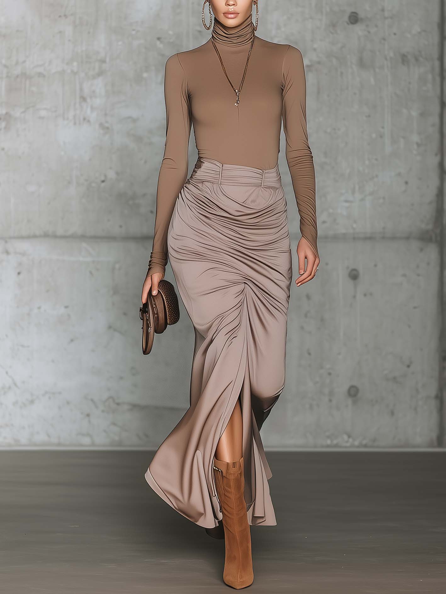 Light Coffee Satin Stretch Bodycon Top And Ruched High Waist Split Skirt Set