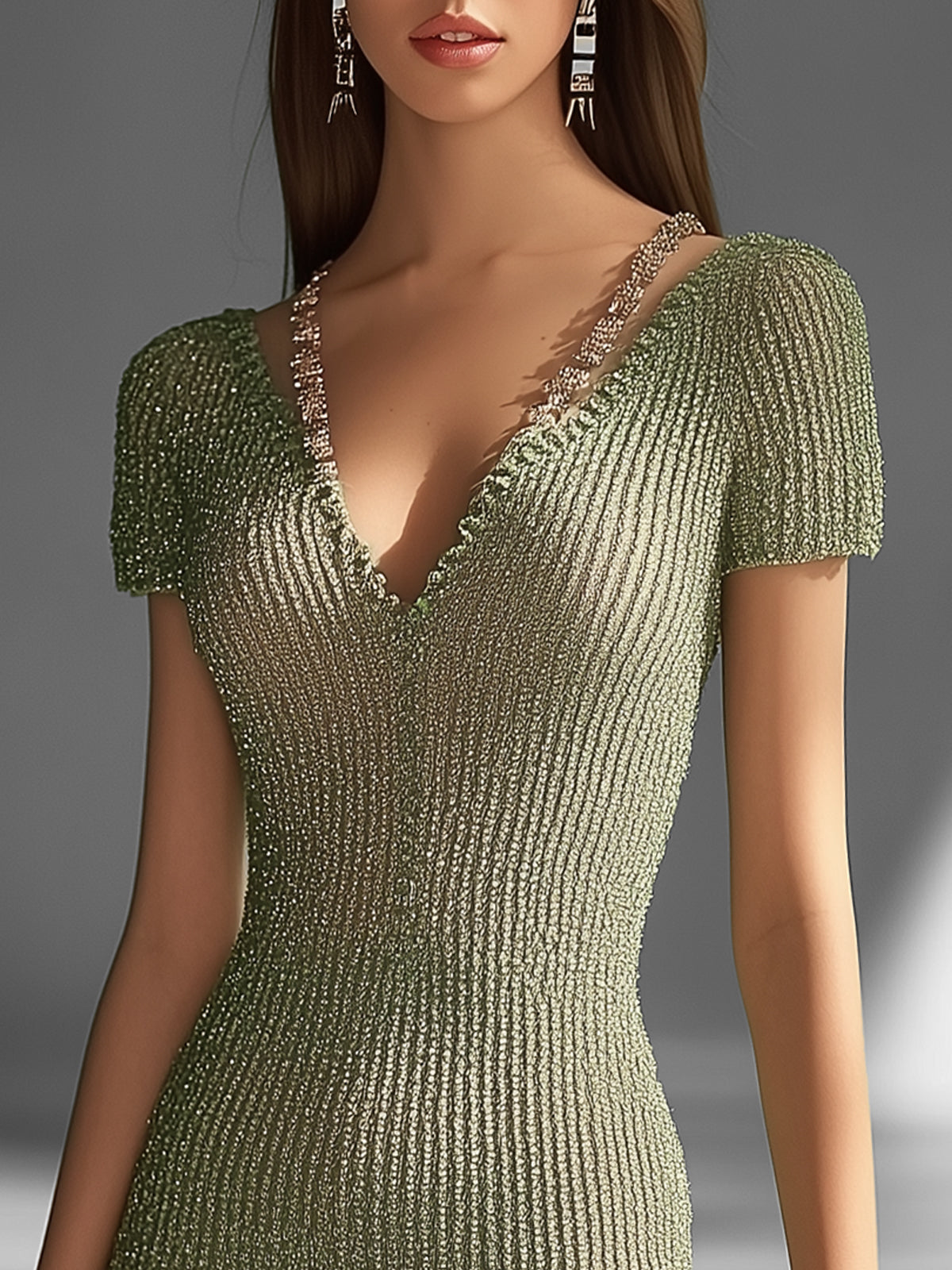 Olive Ribbed Knit Mini Dress With Fringe Hem