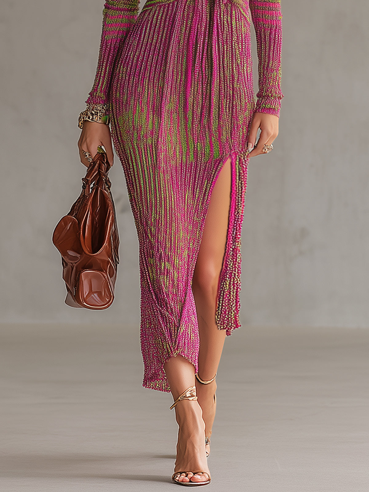 Fuchsia Green Knit Tie-Front Deep V-Neck Bodycon Dress