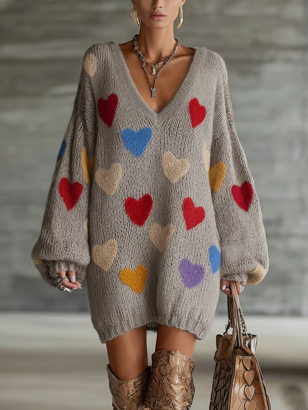 Gray Multicolor Heart Pattern Oversized V‑Neck Sweater Dress