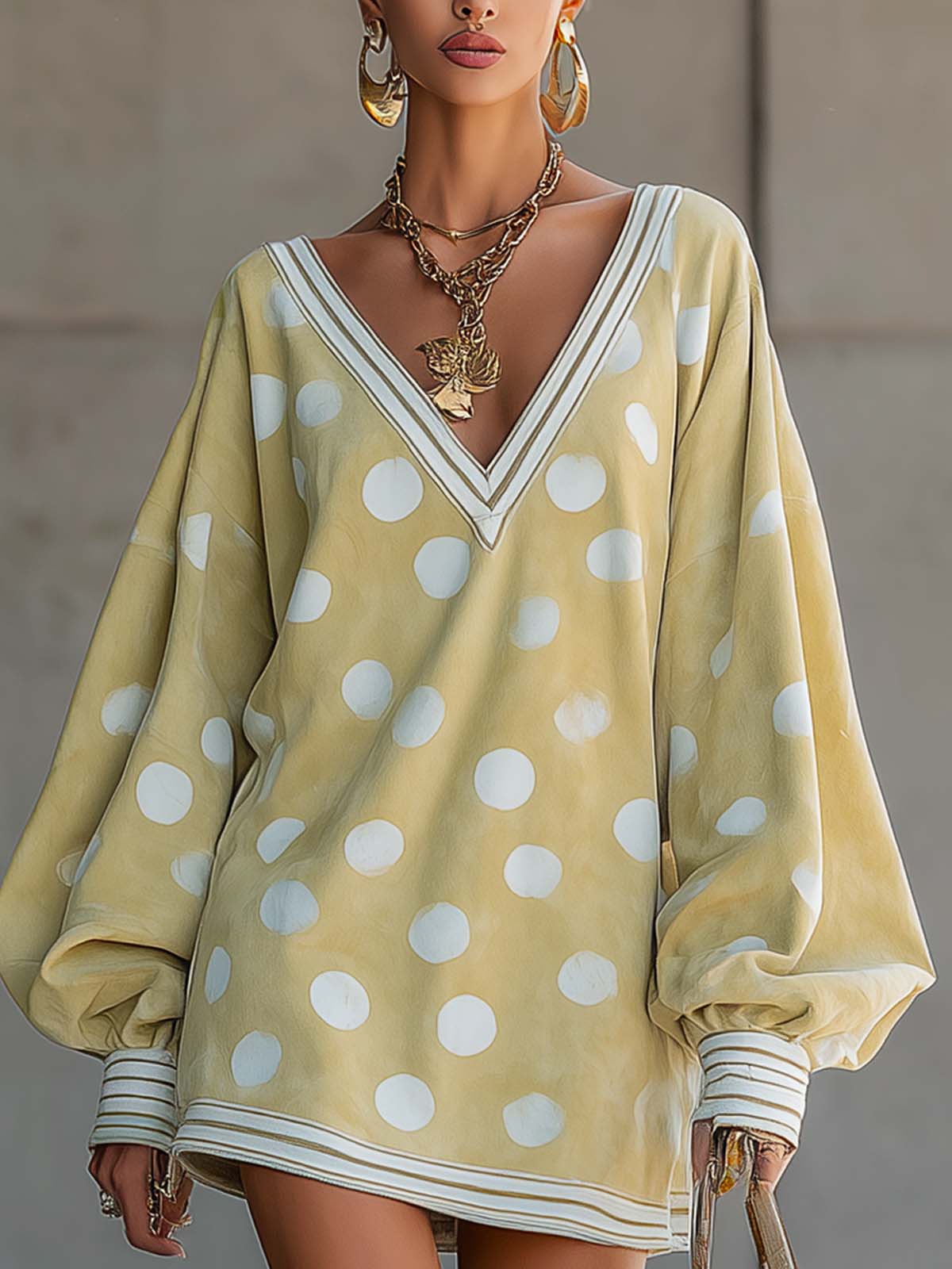 Yellow Faux Suede Polka Dot V-neck Loose Mini Dress