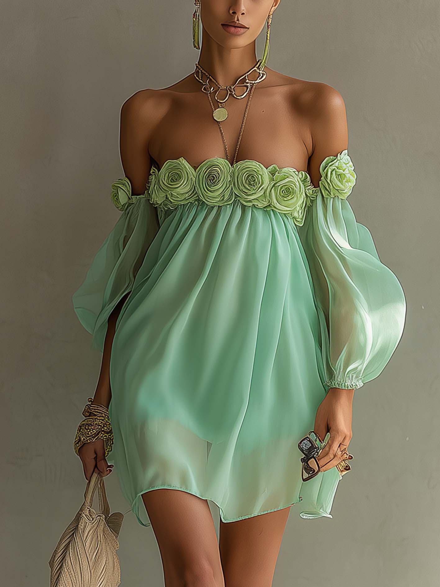 Mint Green Off-Shoulder 3D Floral Chiffon Mini Dress