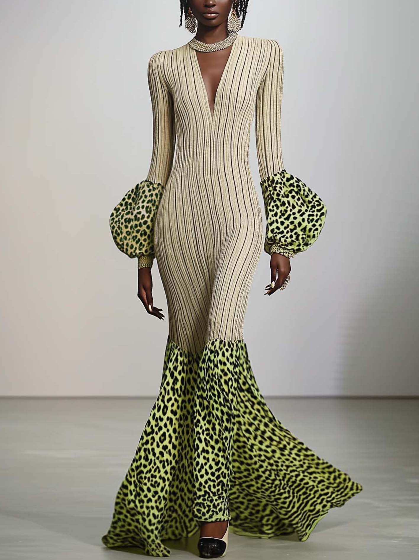 Beige Knitted Maxi Dress With Green Balloon Sleeves