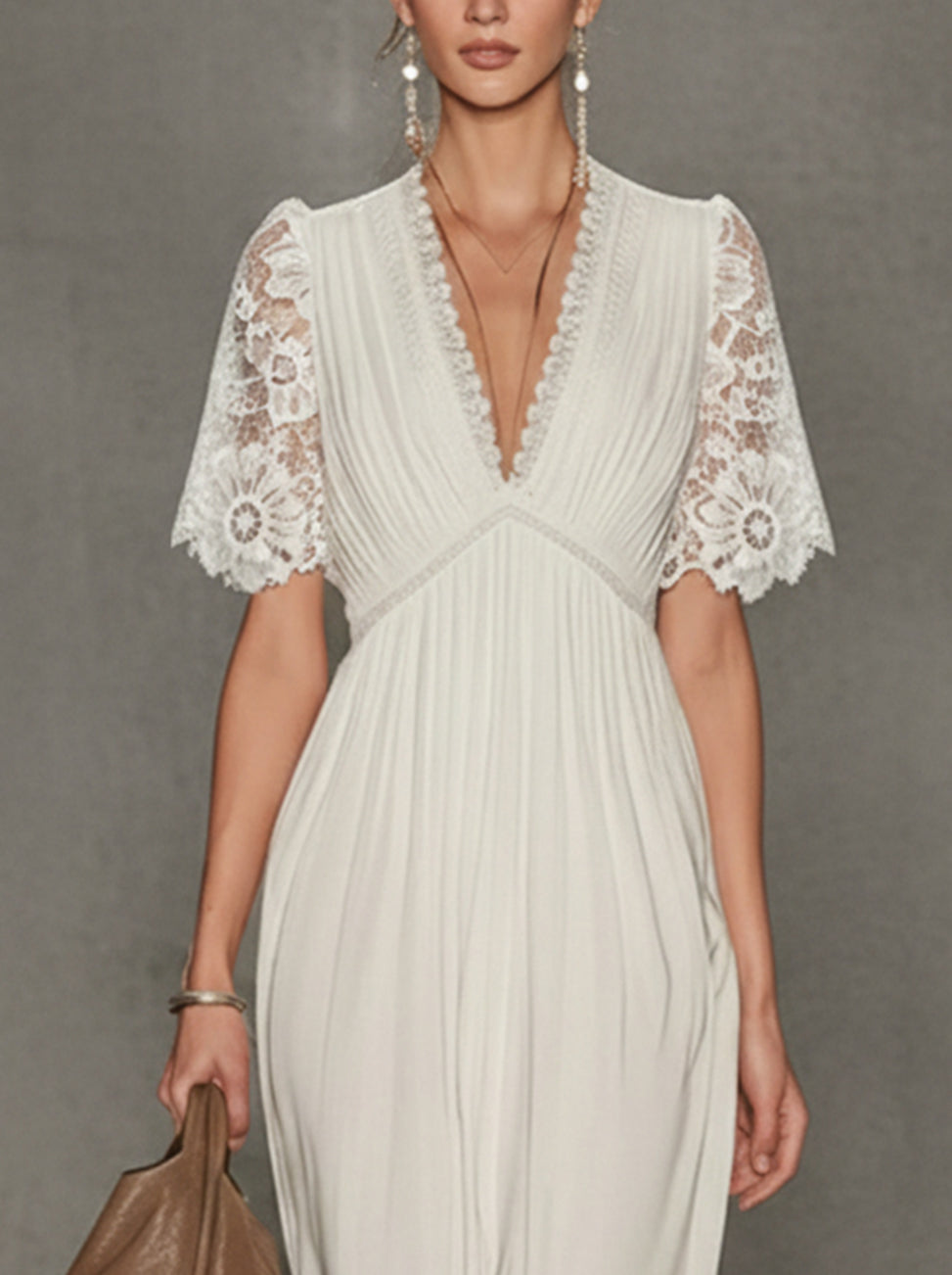 White Lace-Sleeve V-Neck Pleated Maxi Dress