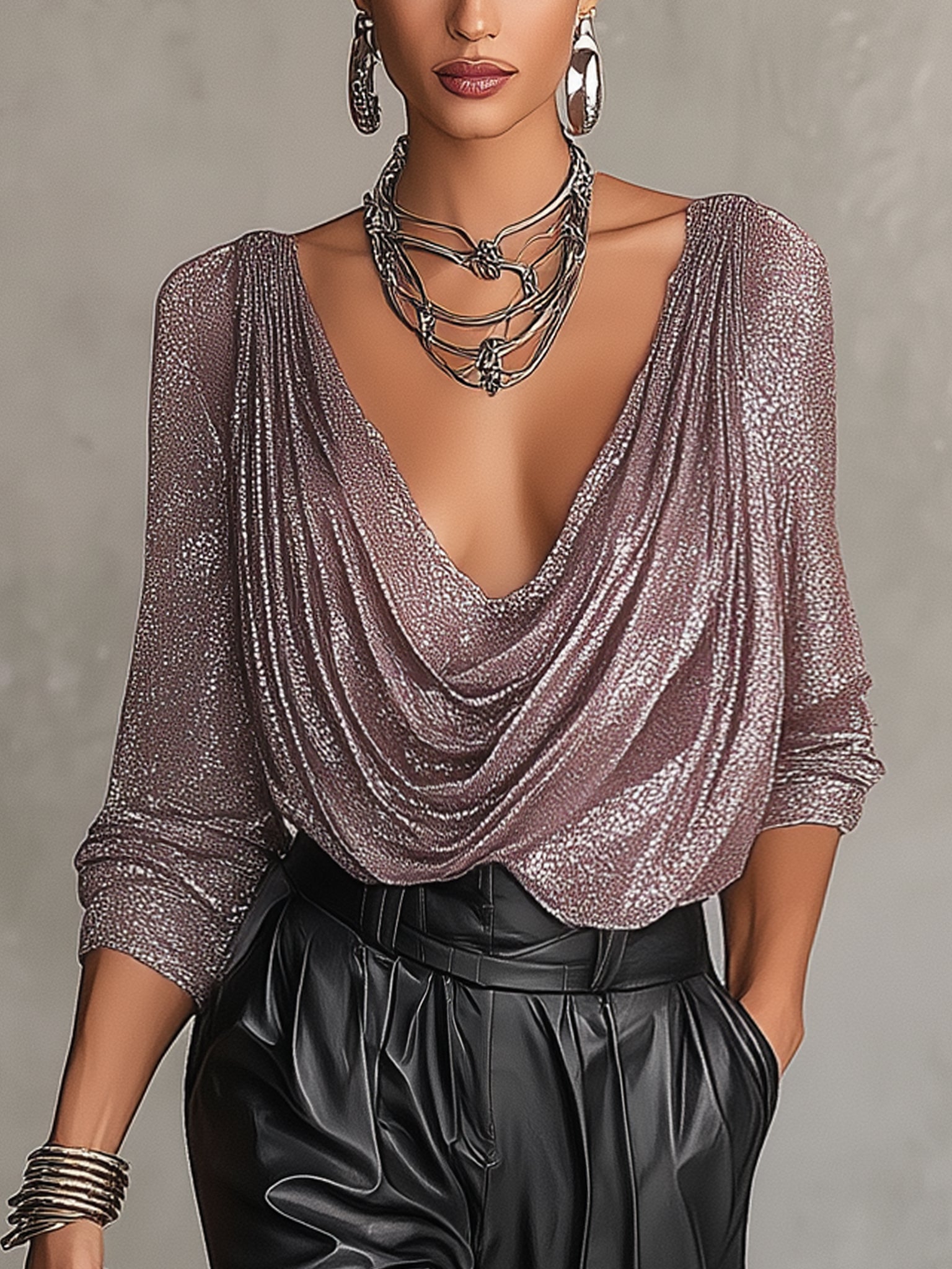 Purple Metallic Stretch V-Neck Top