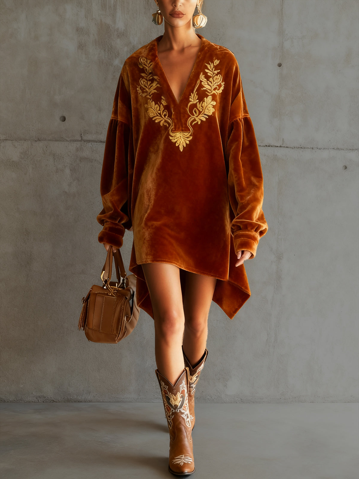 Orange Velvet Tunic Dress With Gold Embroidery