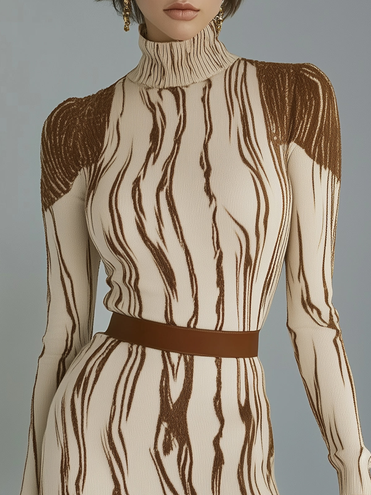 Ribbed Turtleneck Mini Dress With Brown Abstract Stripes