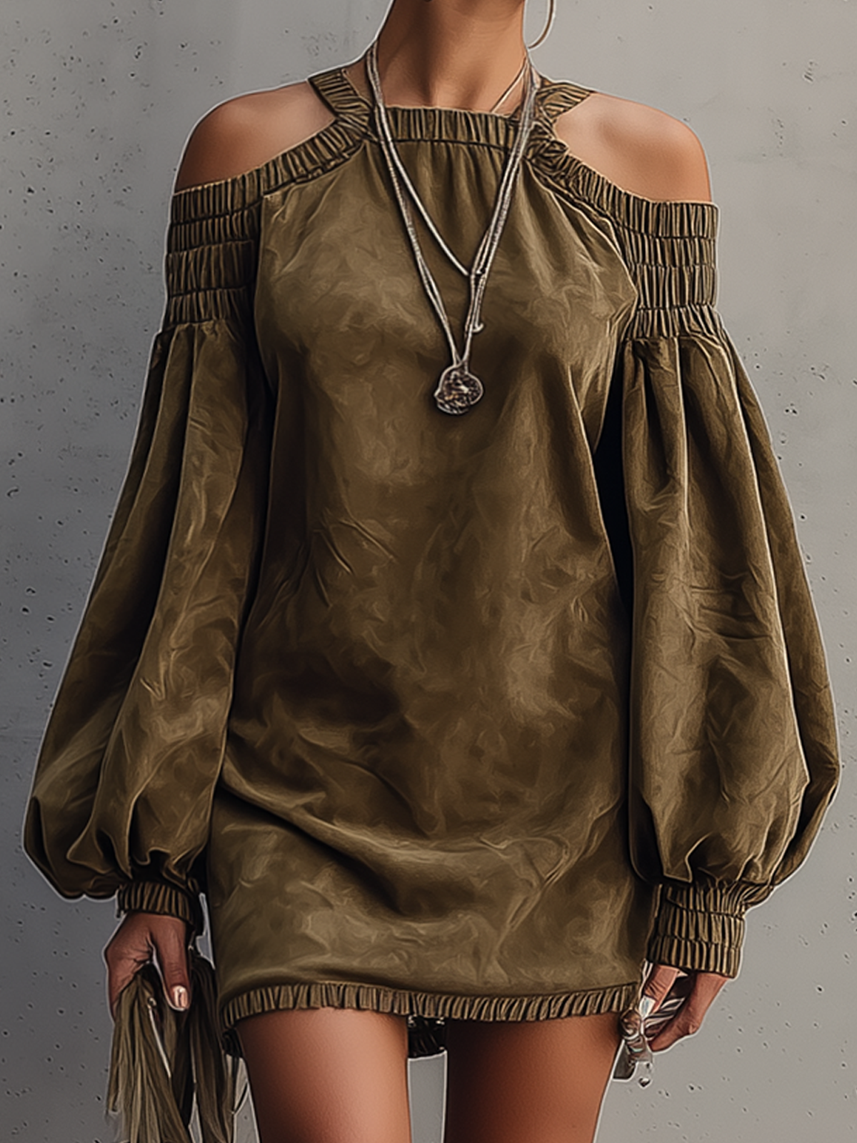 Olive Faux Suede Off-Shoulder Balloon Sleeve Mini Dress