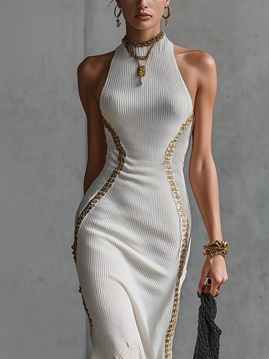 Ivory Knit Sleeveless Bodycon Mermaid Dress With Metallic Weave Accents