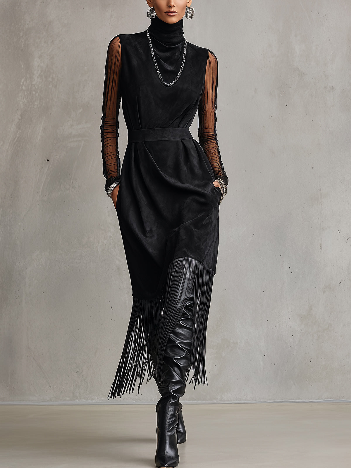 Black Faux Suede Fringe Maxi Dress With Sheer Sleeves