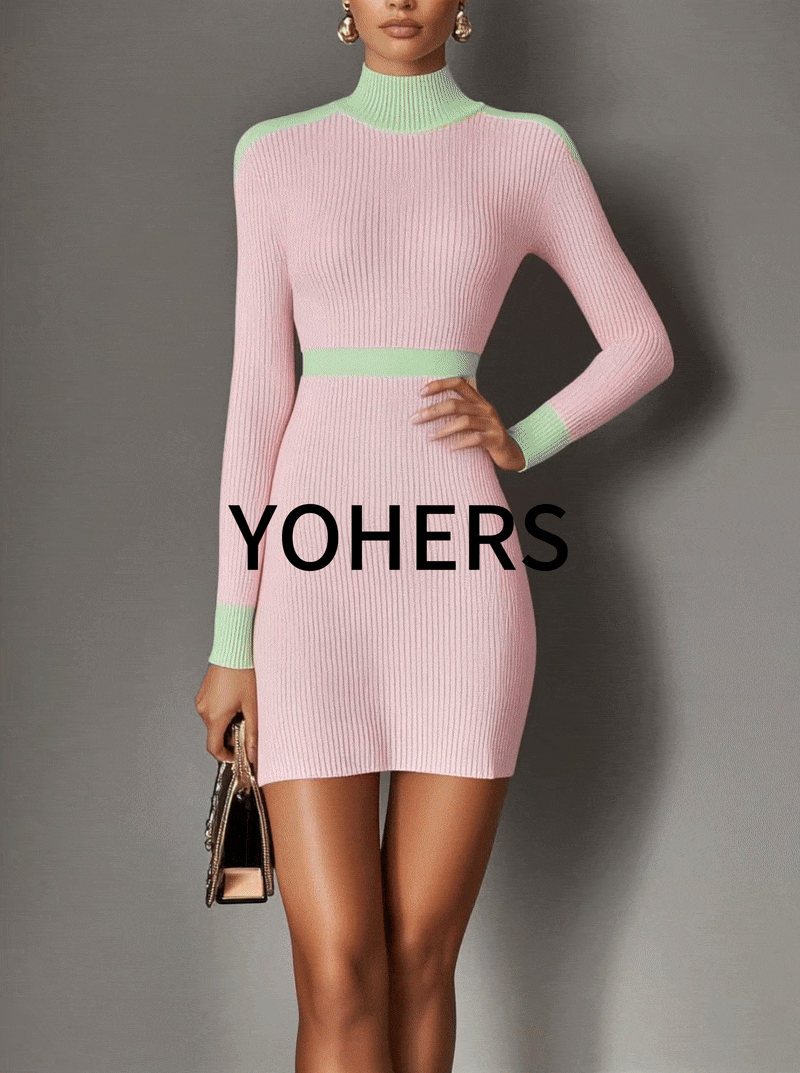 Light Pink Knitted Mini Dress With Mint Green Trim