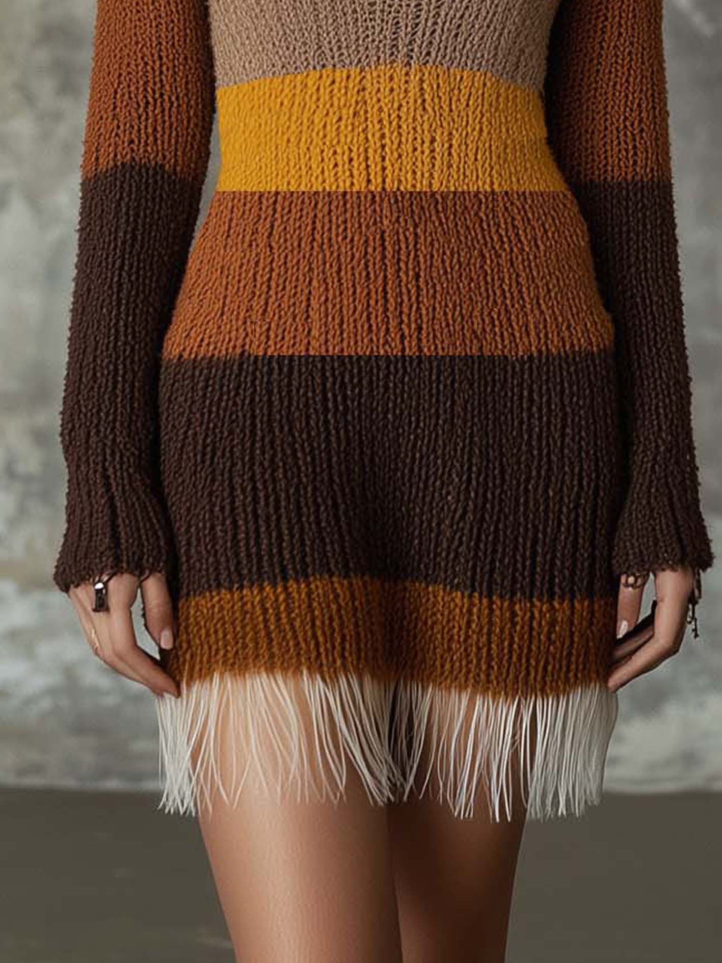 Brown Knitted Mini Dress With Mixed Color Lines And Tassels