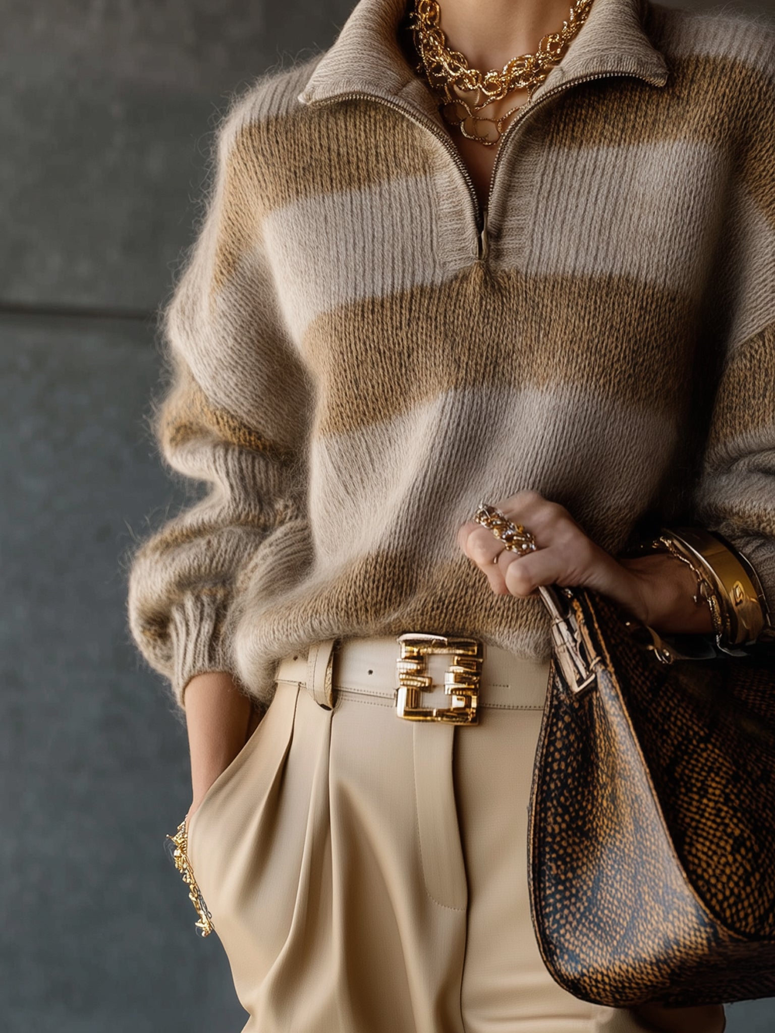 Taupe Striped Mohair Half Zip Pullover