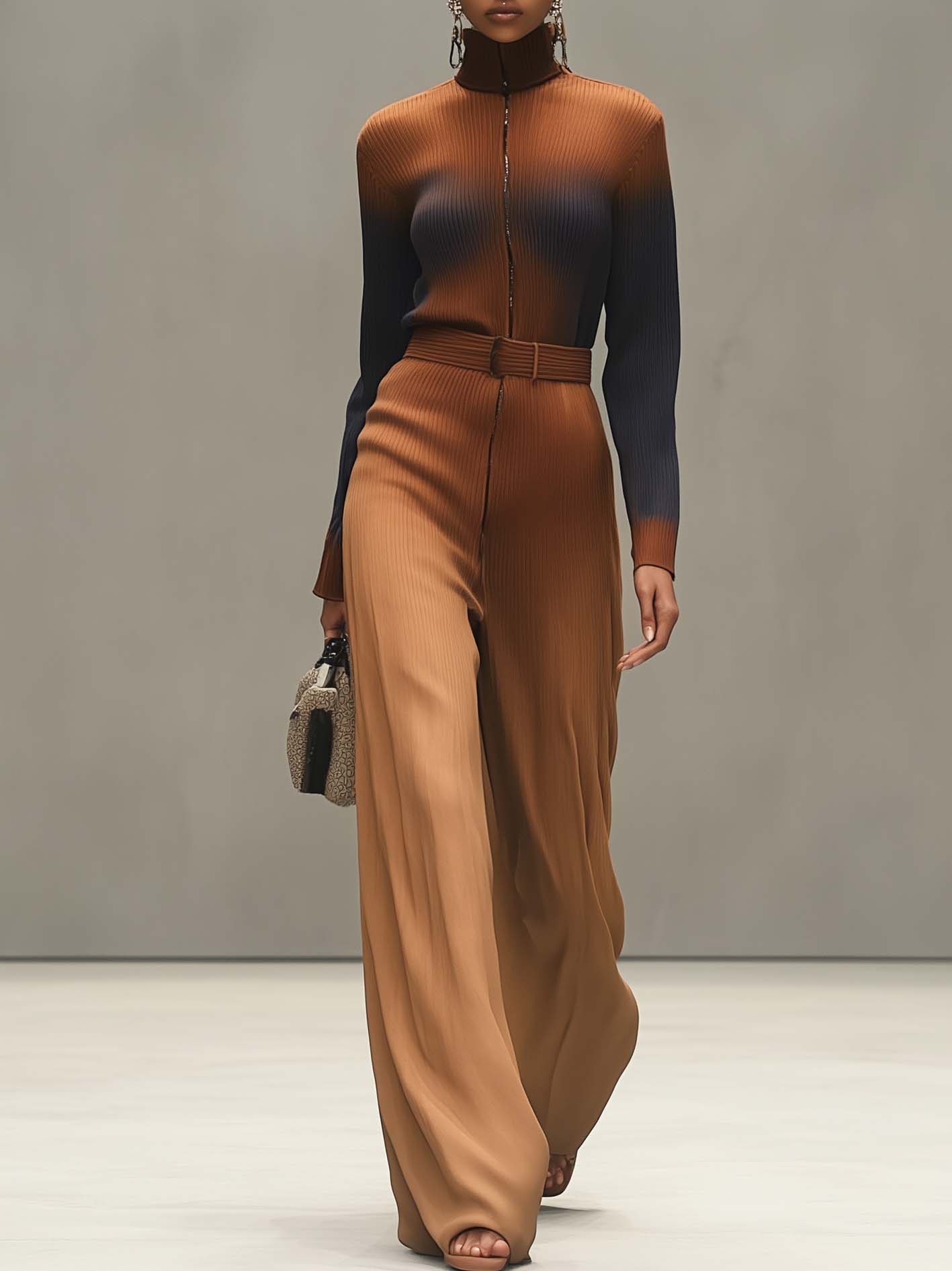 Brown Turtleneck Sweatshirt Jumpsuit With Navy Gradient