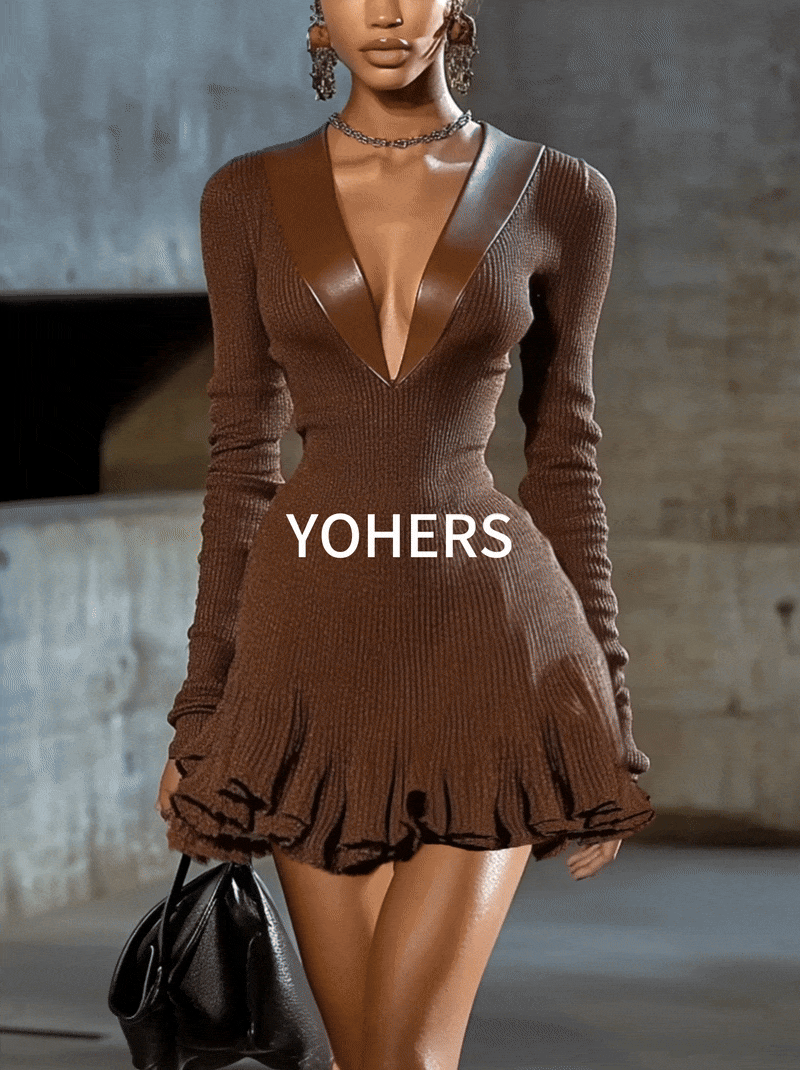 Brown Ribbed Knit Faux Leather Collar Deep V Long Sleeve Mini Dress