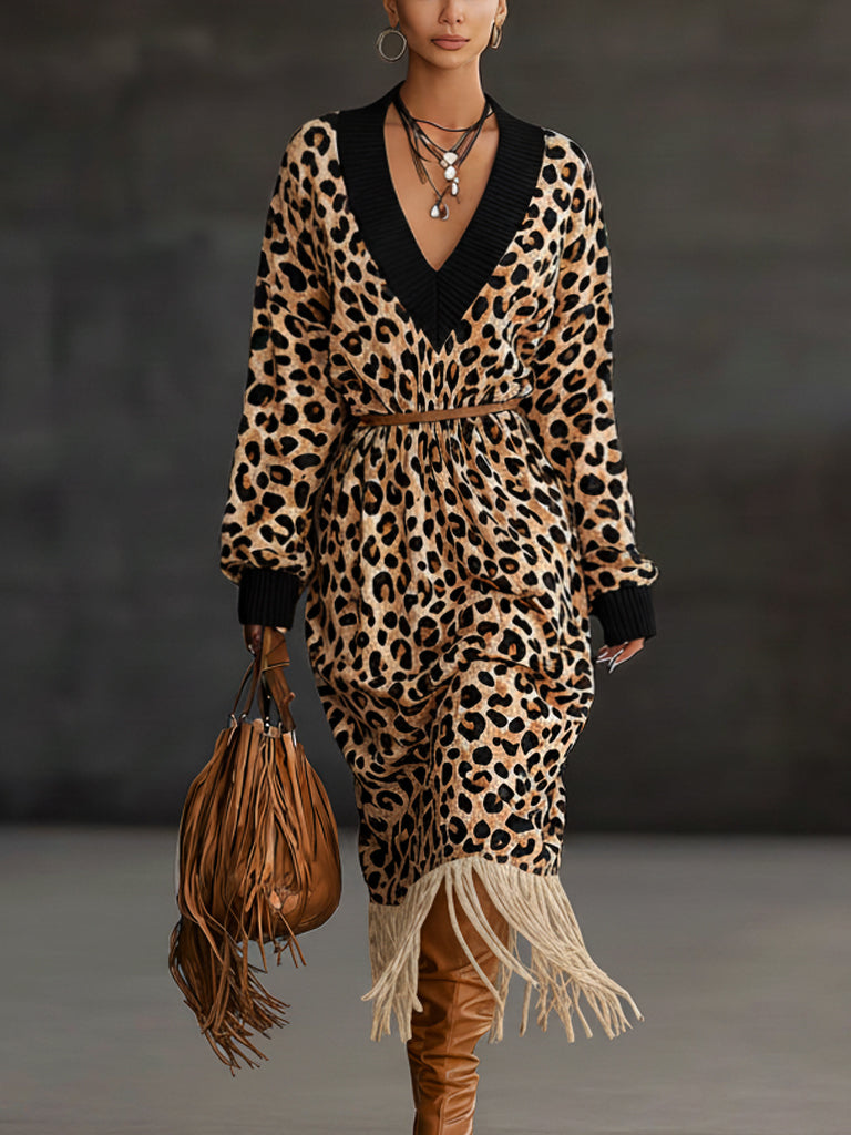 Brown Leopard Print Knit V-Neck Fringe Midi Dress