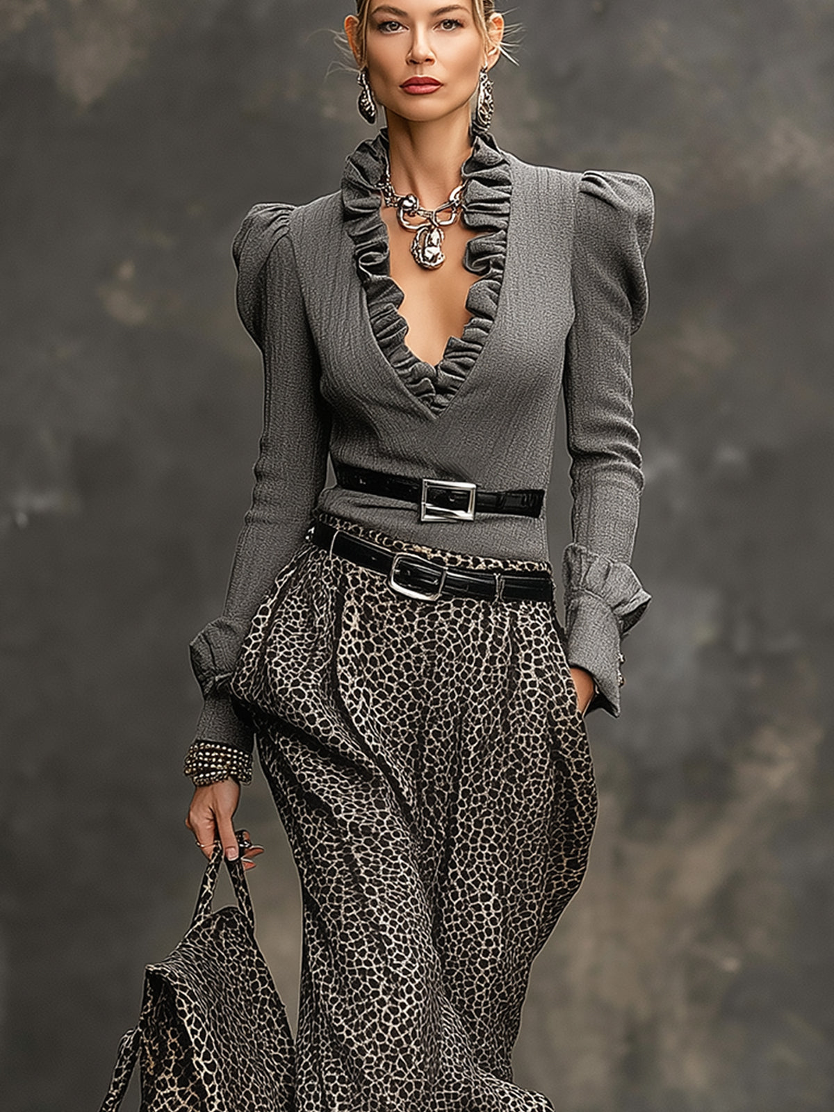 Ruffled Charcoal Blouse And Leopard Print Harem Pants Set