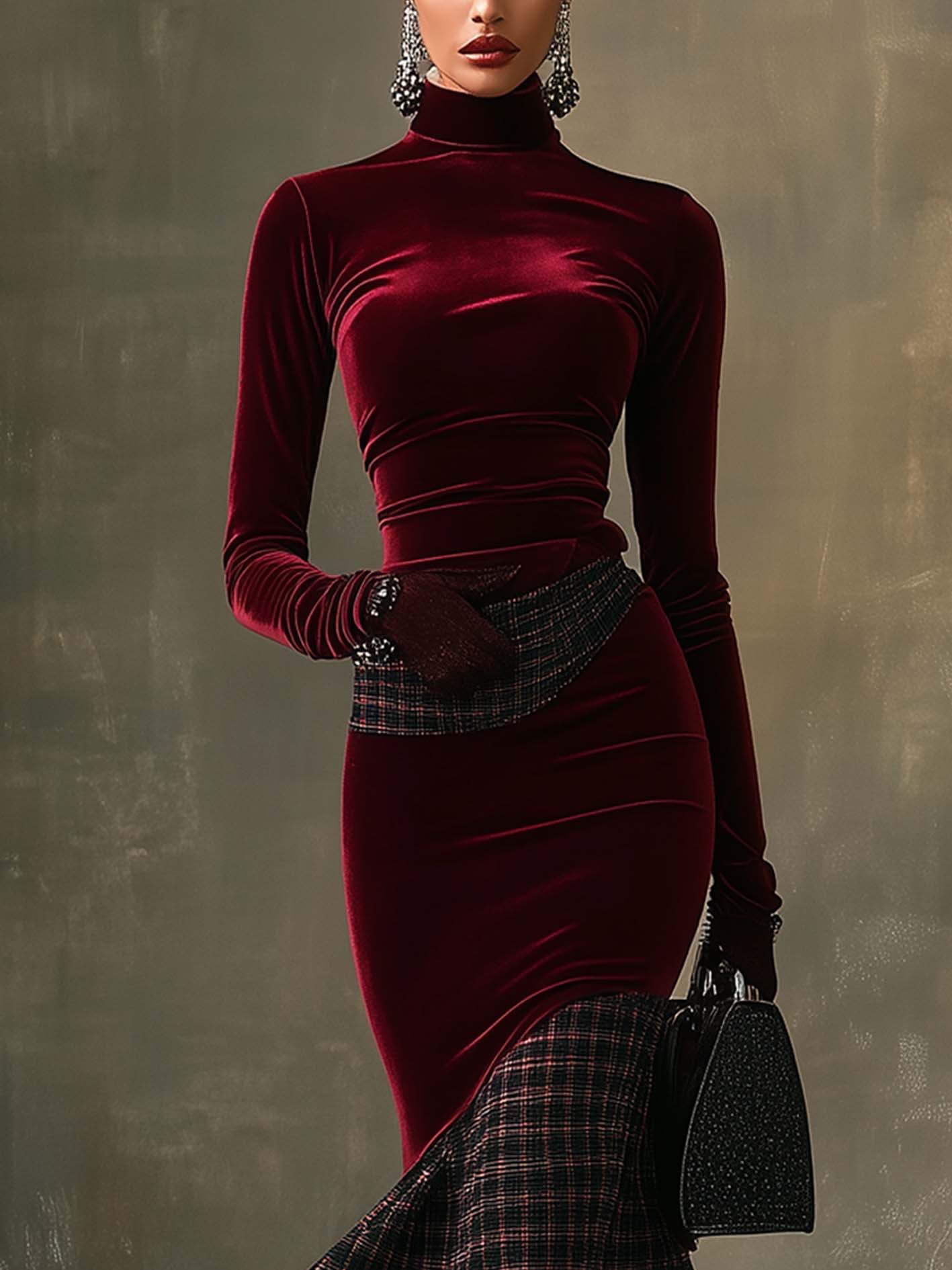 Burgundy Velvet Bodycon Dress With Patchwork Plaid