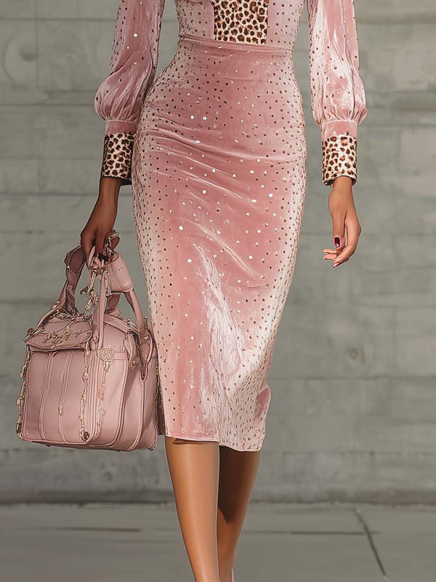 Pink Velvet Bodycon Dress With Sequined Leopard Print Accents