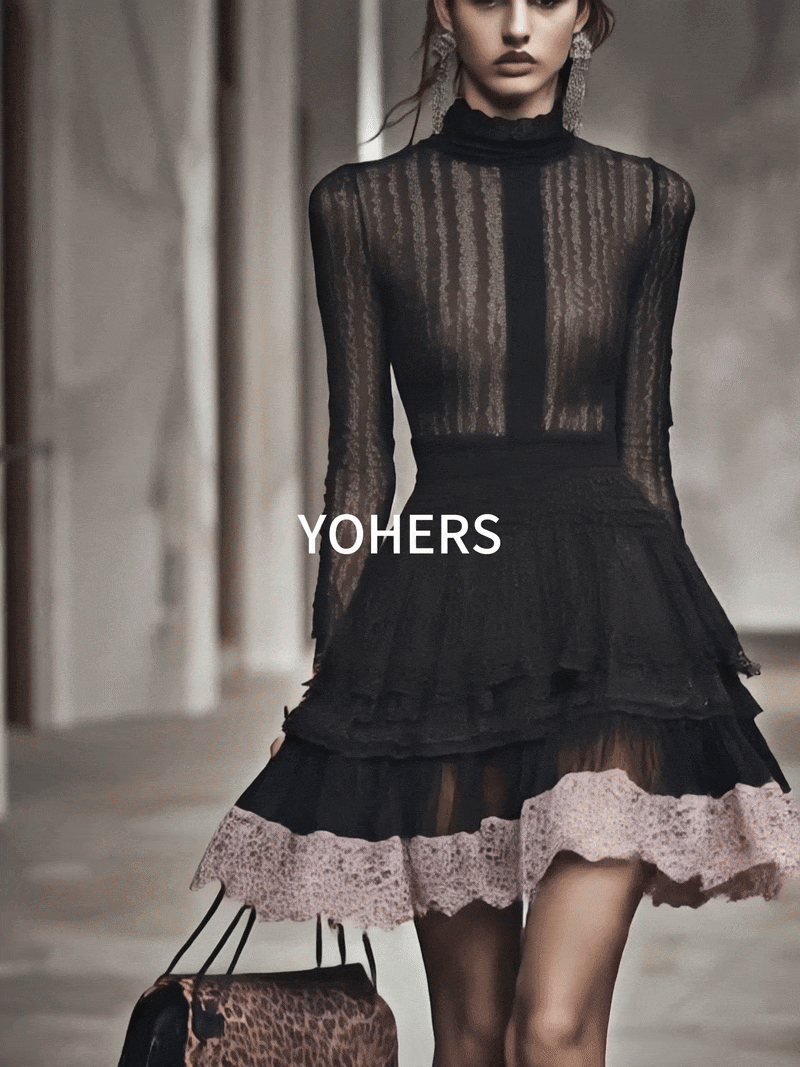 Black Lace Semi Sheer Ruffle Turtleneck Long Sleeve Mini Dress