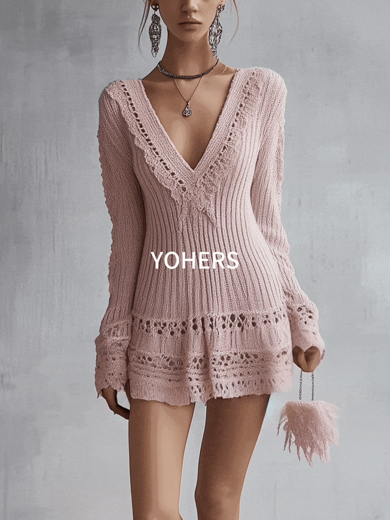 Pink Knitted Textured Crochet Trim V-Neck Long Sleeve Mini Dress