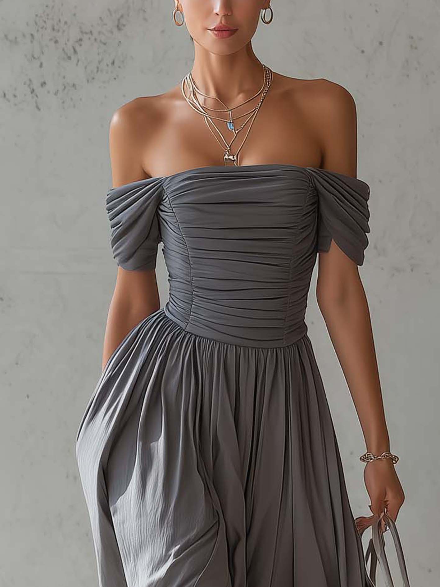 Gray Off Shoulder Elegant Pleated Ruched Midi Dress