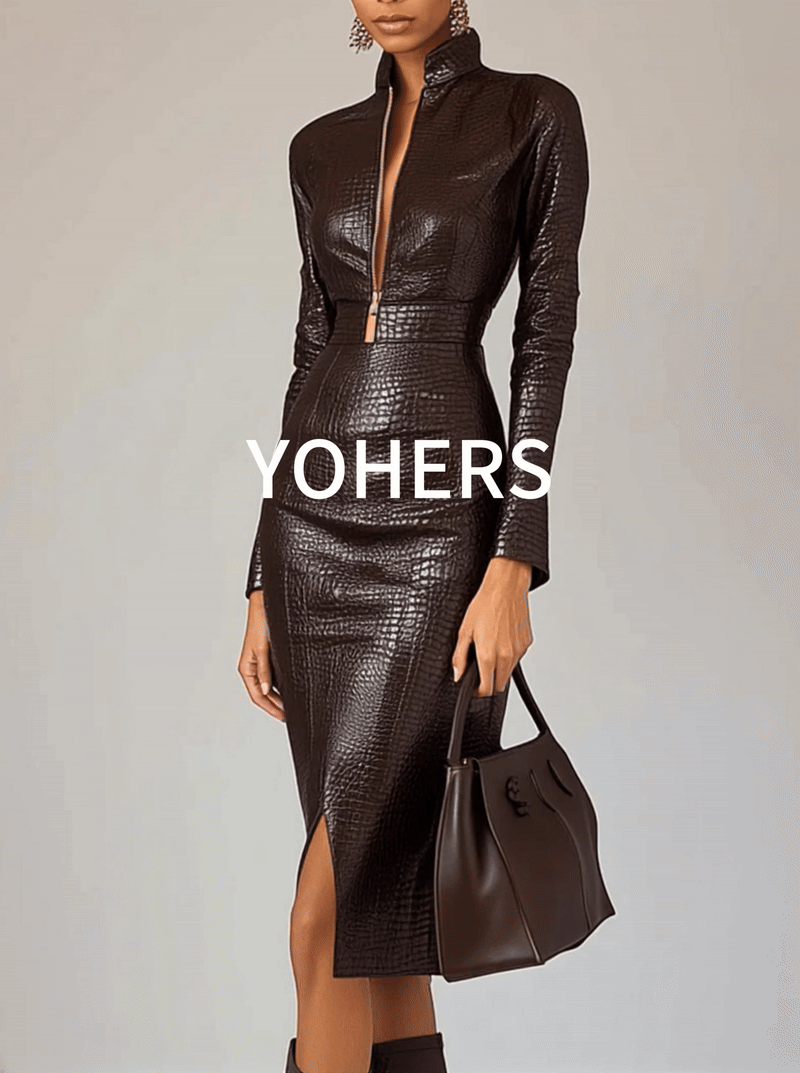 Dark Brown Textured Faux Leather Bodycon Dress With Side Slits