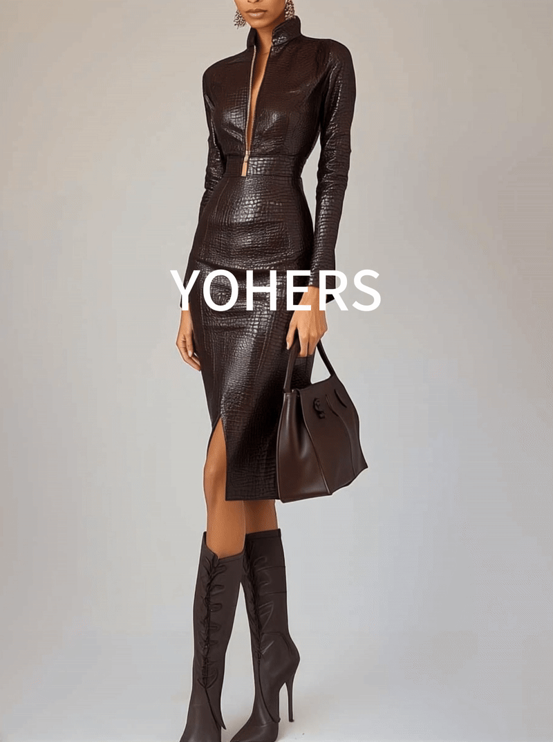 Dark Brown Textured Faux Leather Bodycon Dress With Side Slits