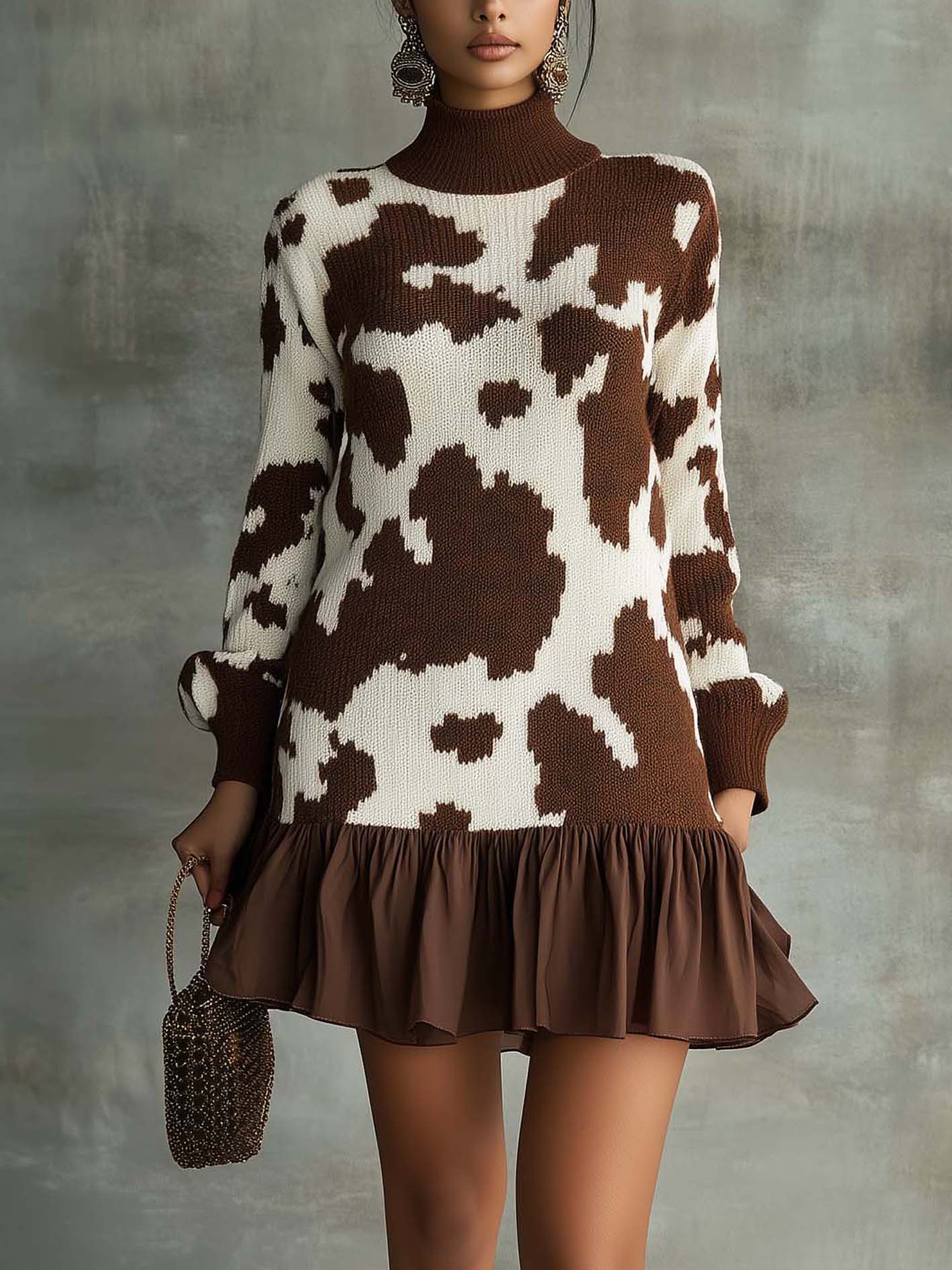 Brown Cow-print Knitted Mini Dress With Ruffles