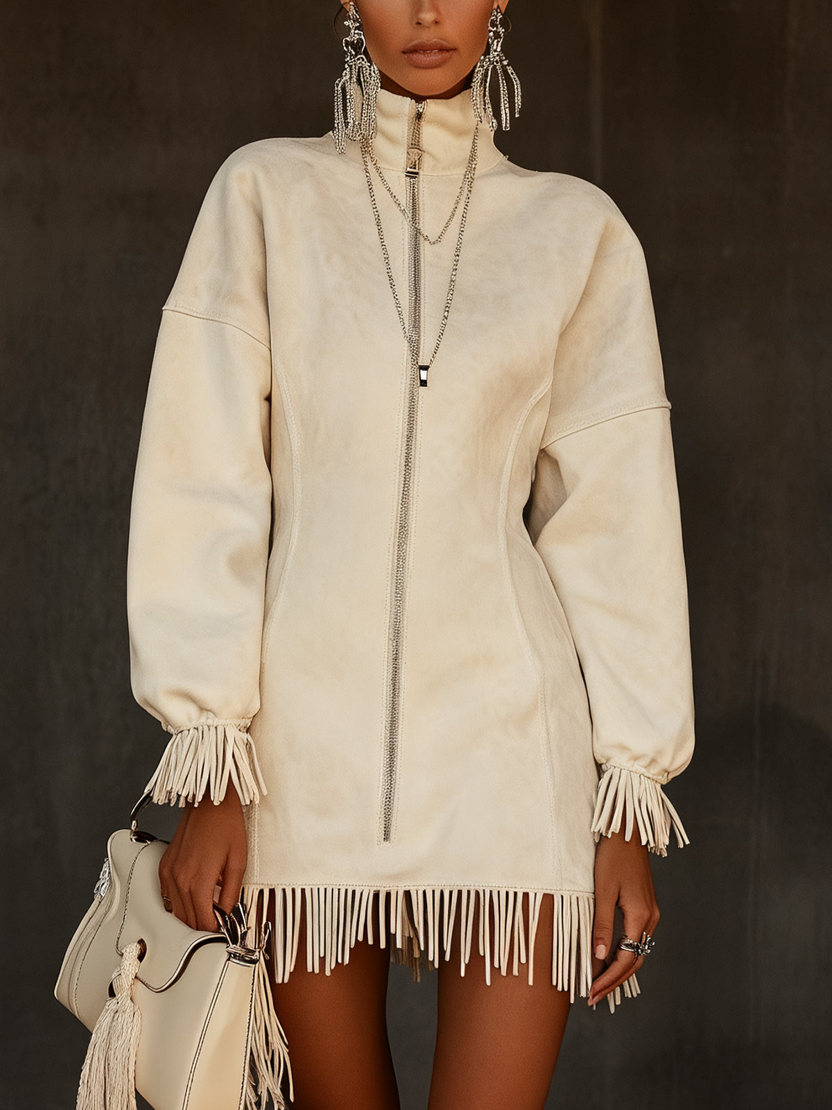 White Faux Suede Fringe Zip-Up Mini Dress