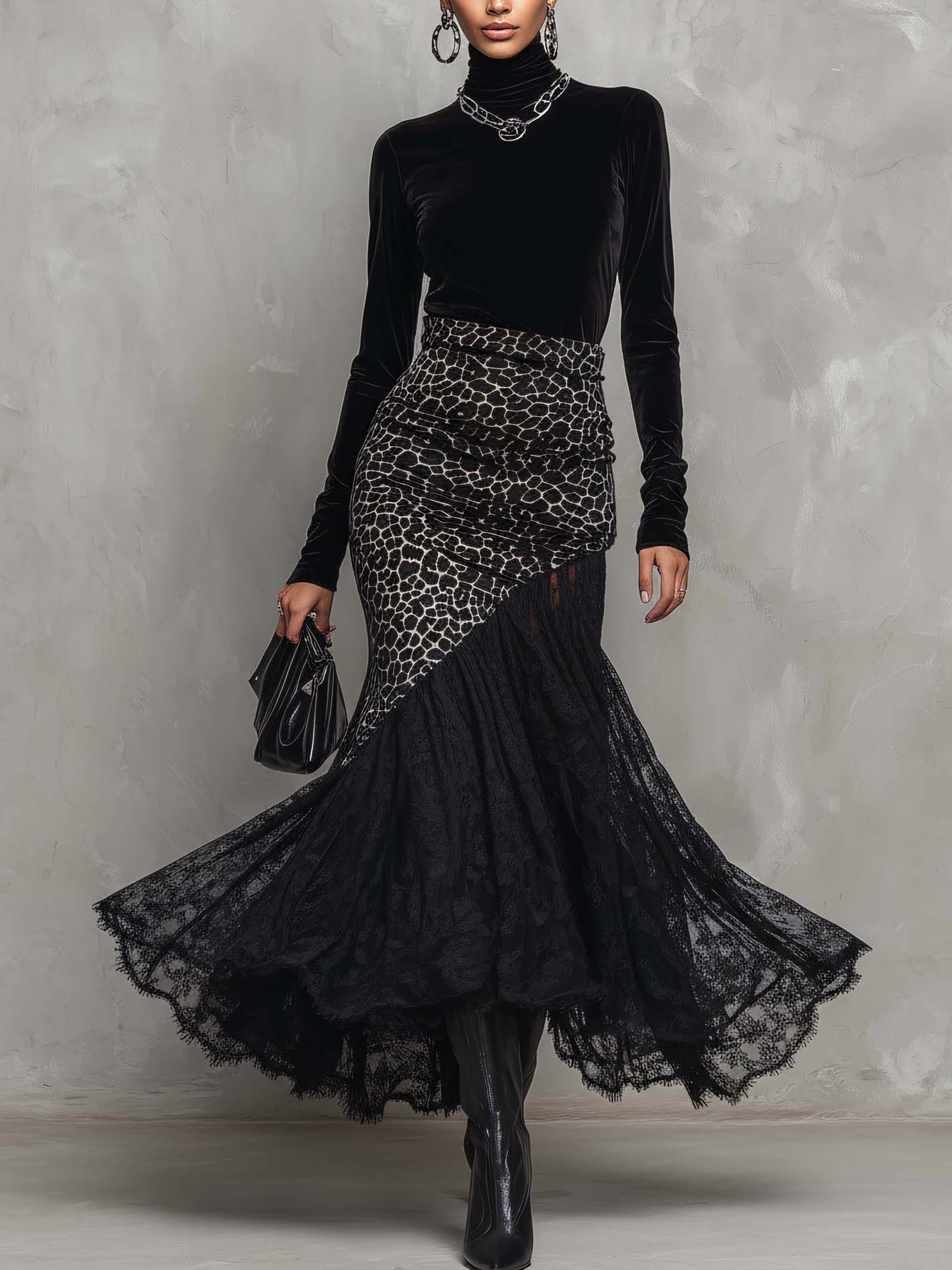 Black Velvet Leopard Patchwork Lace Bodycon Maxi Dress