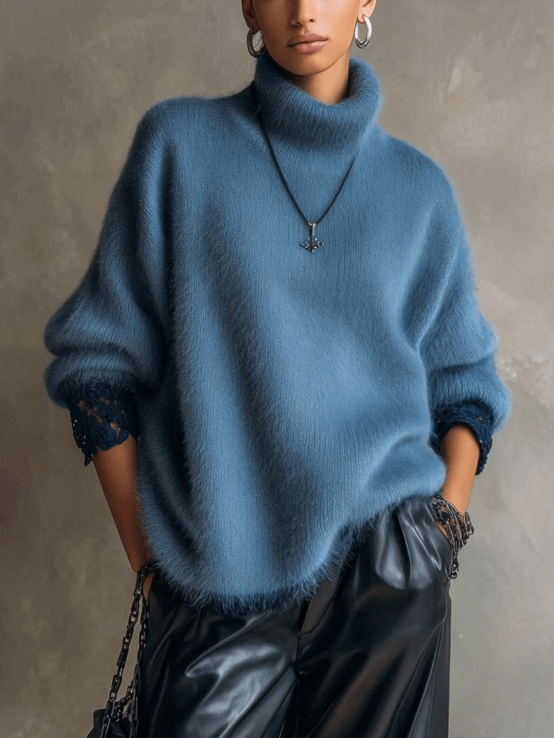Dusty Blue Fuzzy Turtleneck Sweater With Contrast Lace Cuffs