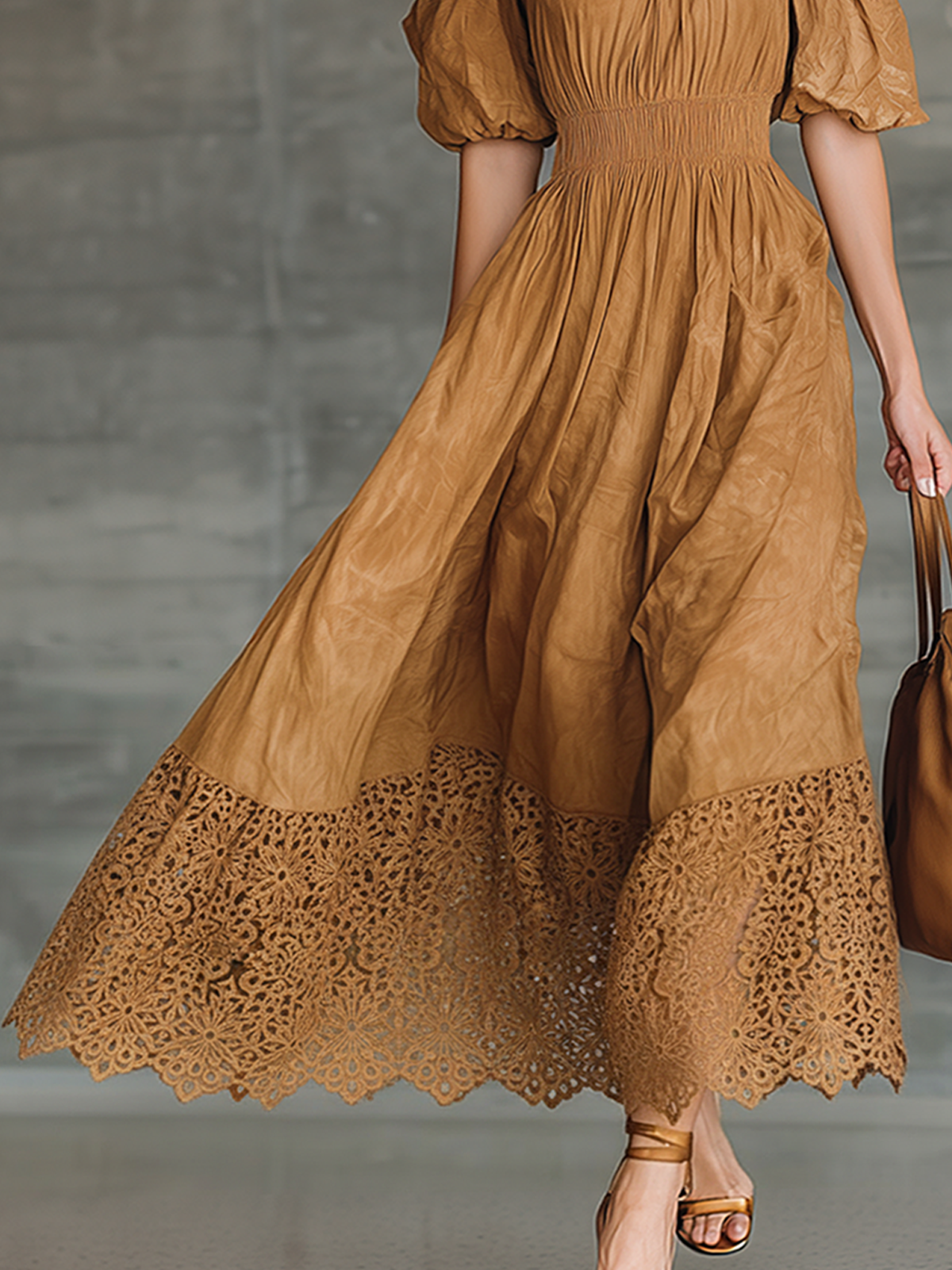 Brown Halter Neck Cold Shoulder Maxi Dress With Lace Hem