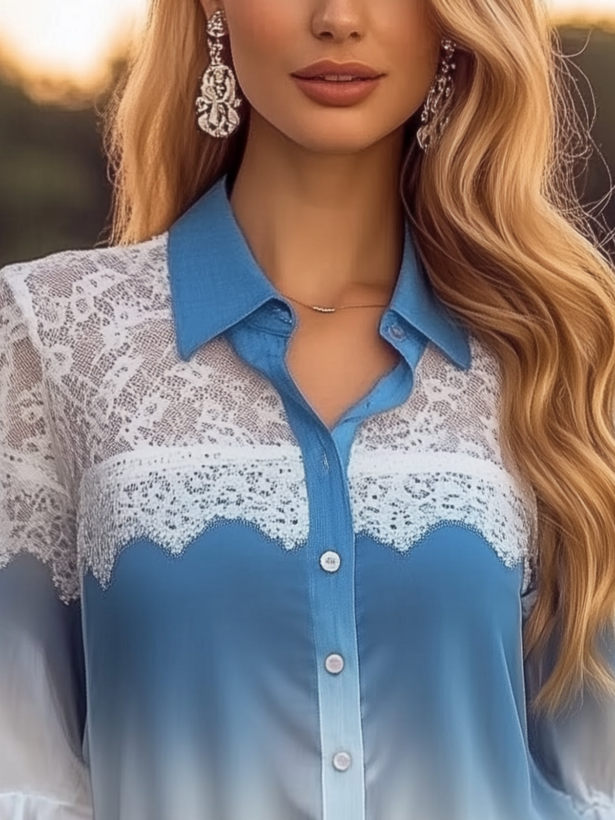 Ombre Lace Panel Chiffon Blouse