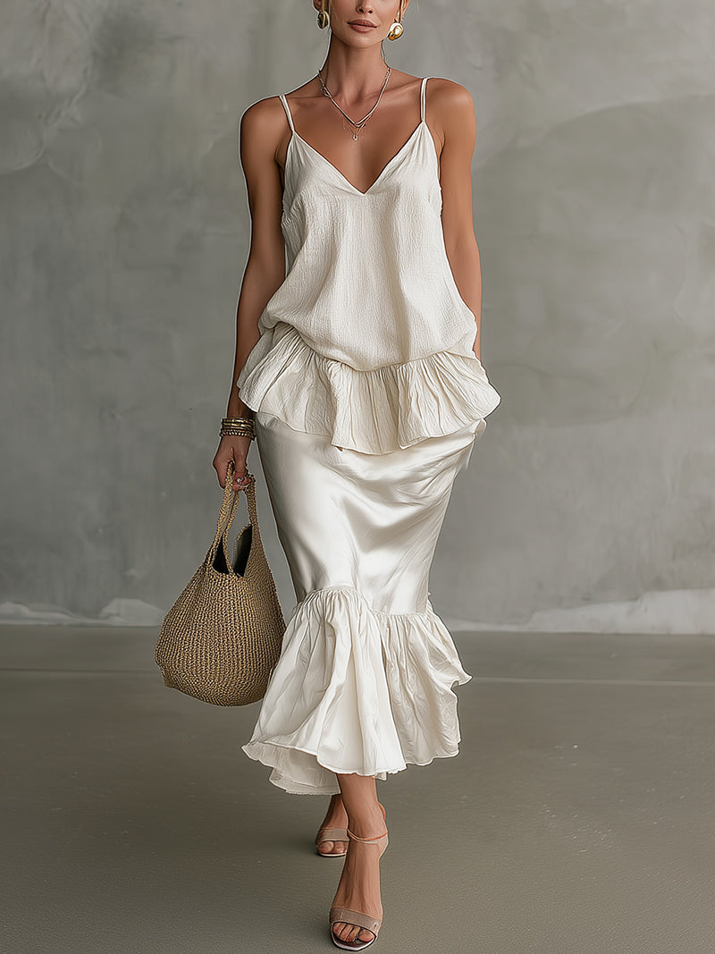 White Cotton And Linen Shirt With Ruffled Details And Satin Fishtail Skirt Set