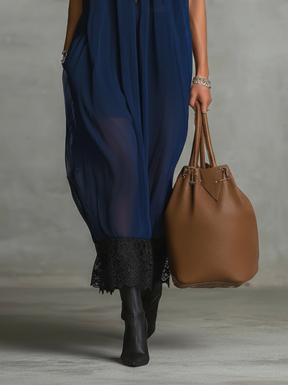 Navy Blue High-Neck Maxi Dress With Lace Hem